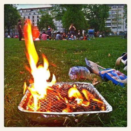 Närbild av flammen i grillfest i en offentlig park