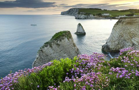 Scenisk kustutsikt på solnedgången, Isle of Wight, Sydost England, England, Storbritannien