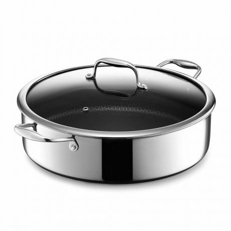 HexClad 7-Quart Hybrid Rostfritt Stål Fritös fritös med lock, Hålla Sval Handtag, Non-Stick, Diskmaskin, Ugnssäker