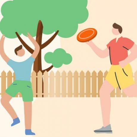 illustration av mannen som spelar frisbee med ungen