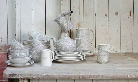 Burleigh ware klassiska Calico, Felicity och Pantry mönster i Dove Grey