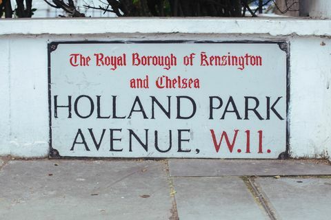 Gatnamnsskylt på Holland Park Avenue, London, Storbritannien.