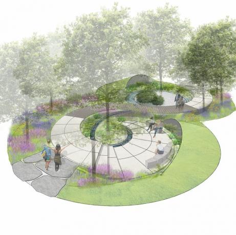 the cancer research uk legacy garden, show garden, designad av tom simpson, sponsrad av cancer research uk, rhs hampton court palace garden festival 2021