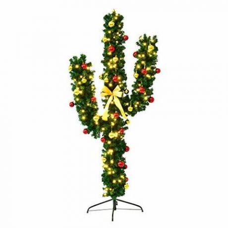 Goplus Pre-Lit Artificial Cactus Christmas Tree med LED-lampor och bollprydnader