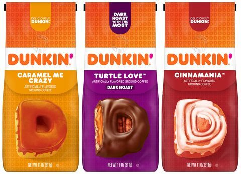 dunkin 'hemma karamell mig galen, sköldpadda kärlek och cinnamania kaffe