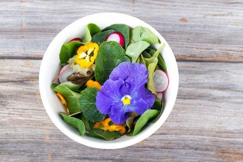 färsk blandad sallad med rädisablomma och nasturtiumblad