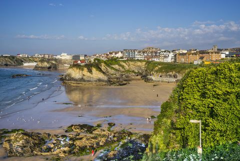 Storbritannien, sydvästra England, Cornwall, Newquay, utsikt över Towan Beach och Towan Island