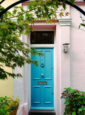 ytterdörrsfärg, exteriörarkitektur av radhus i området Notting Hill, ett välbärgat område i London, Storbritannien