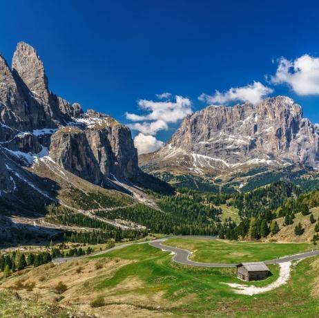 Dolomitfjällängar, Panorama, södra Tyrol, Italien, Europa