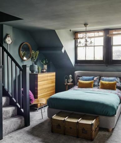 mörkblå grå vindsrum med ljuskrona och stoppad säng