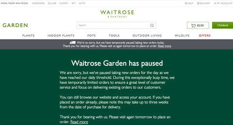 Waitrose Garden-webbplatsen har pausat