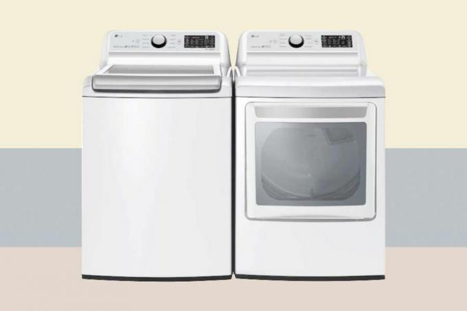 tvättmaskin och torktumlare i vitt sida vid sida
